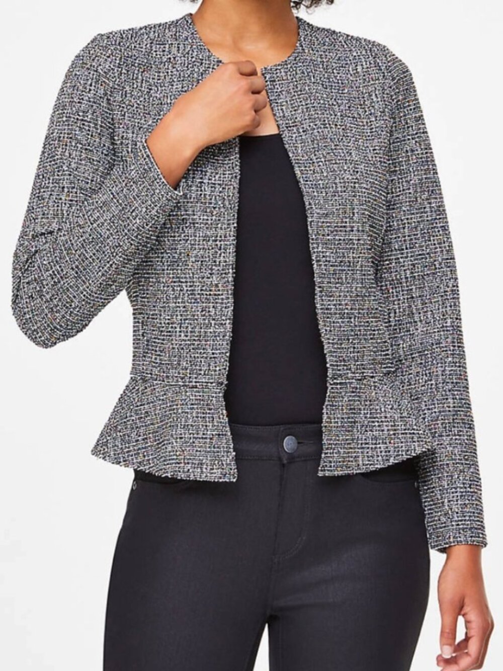 ANN TAYLOR LOFT Outlet Black White Rainbow Tweed Peplum Open Front Blazer Jacket